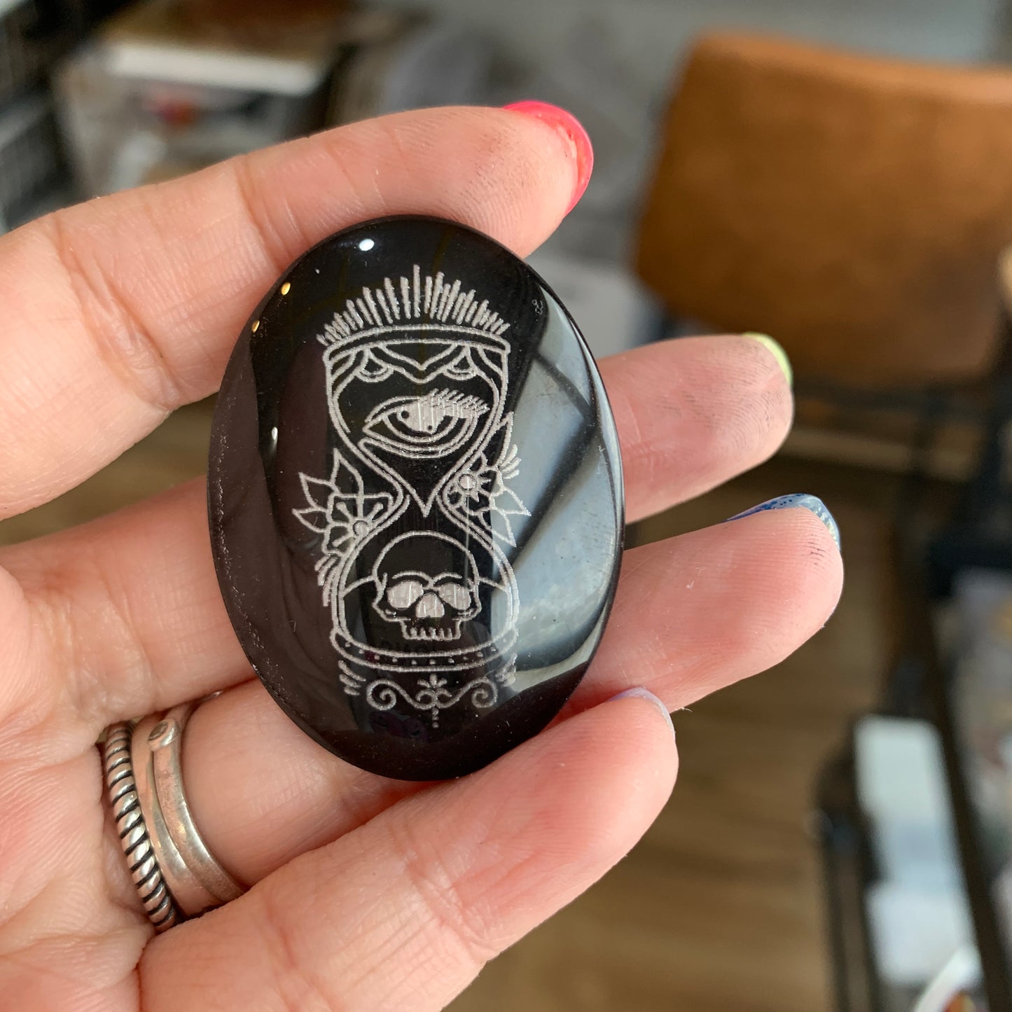 Engraved Glass Cab - Made to order - Hour Glass Skull