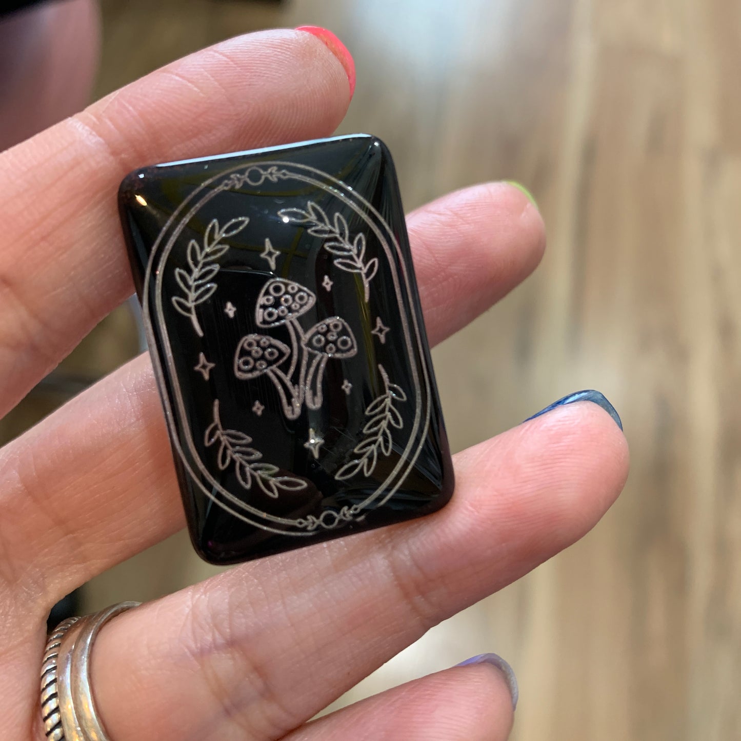 Engraved Glass Cab - Made to order - Mystical Mushroom