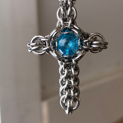 Stainless Steel Chainmail Cross with 4.5ct Swiss Blue Topaz