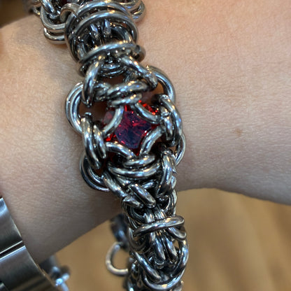 Stainless Steel Chainmail Bracelet (Red CZ)