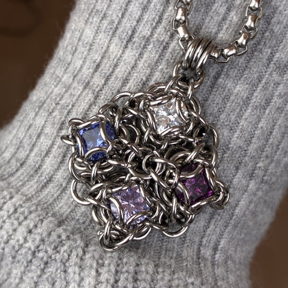 Stainless Steel Chainmail Pendant - 4 CZ Stone
