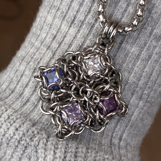 Stainless Steel Chainmail Pendant - 4 CZ Stone