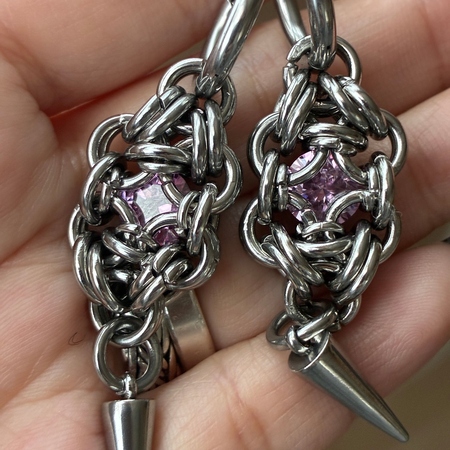 Pink Moissanite Stainless Steel Chainmail Earrings