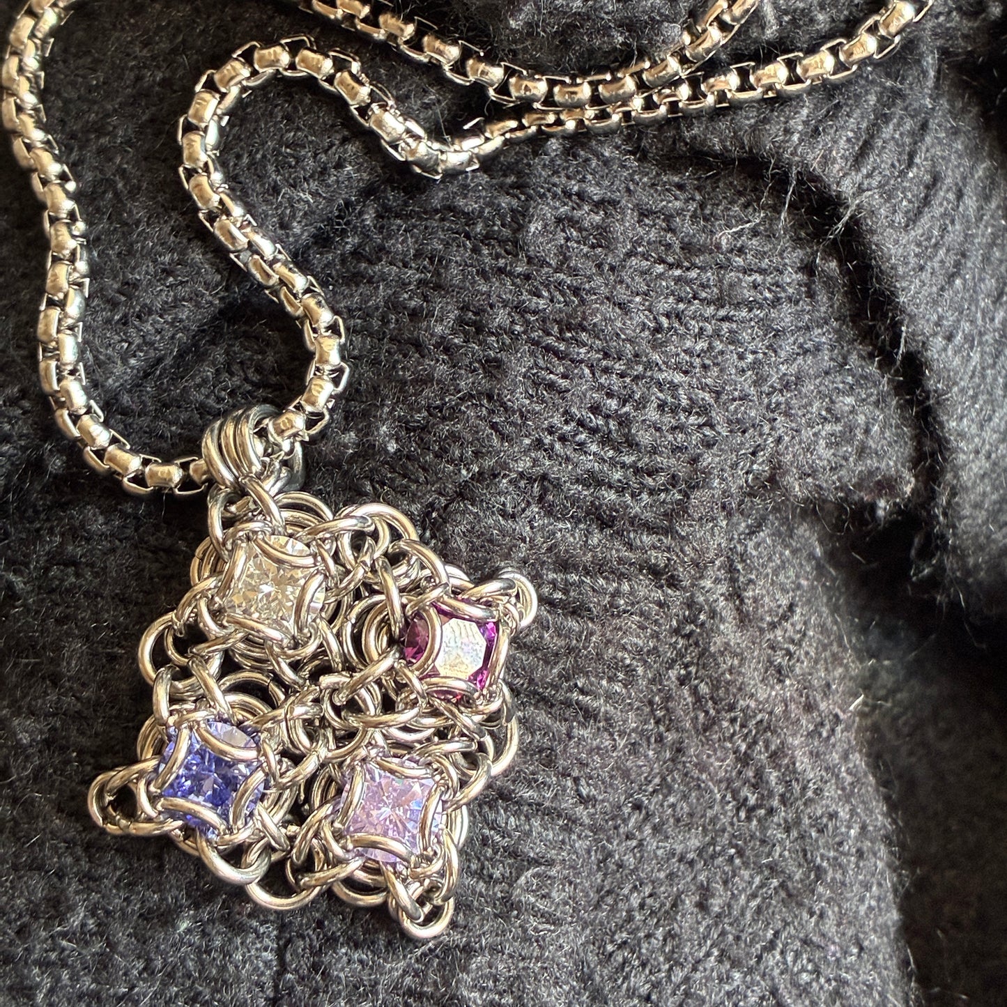 Stainless Steel Chainmail Pendant - 4 CZ Stone