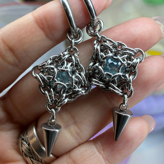Stainless Steel Chainmail earrings - Blue CZ