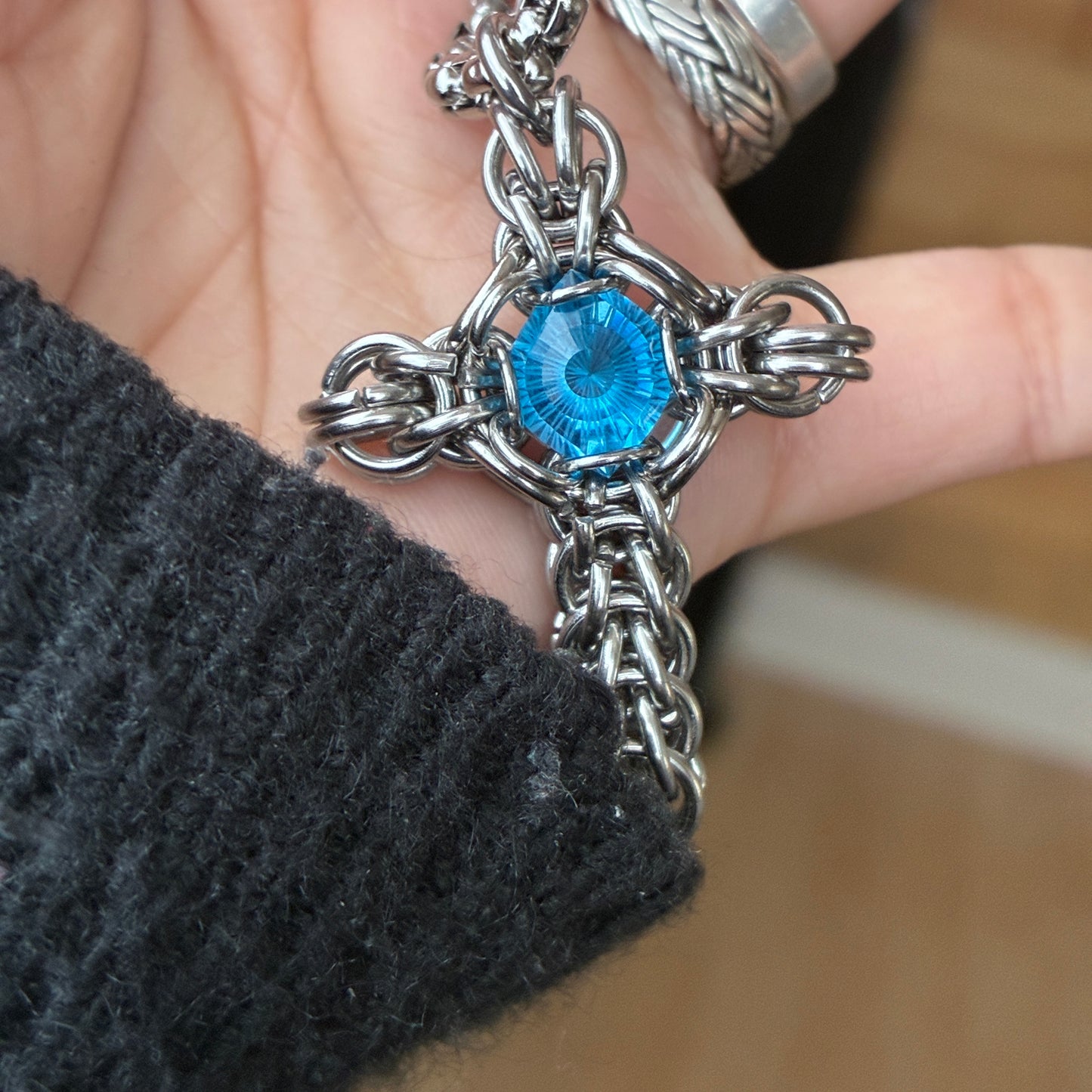 Stainless Steel Chainmail Cross with 4.5ct Swiss Blue Topaz