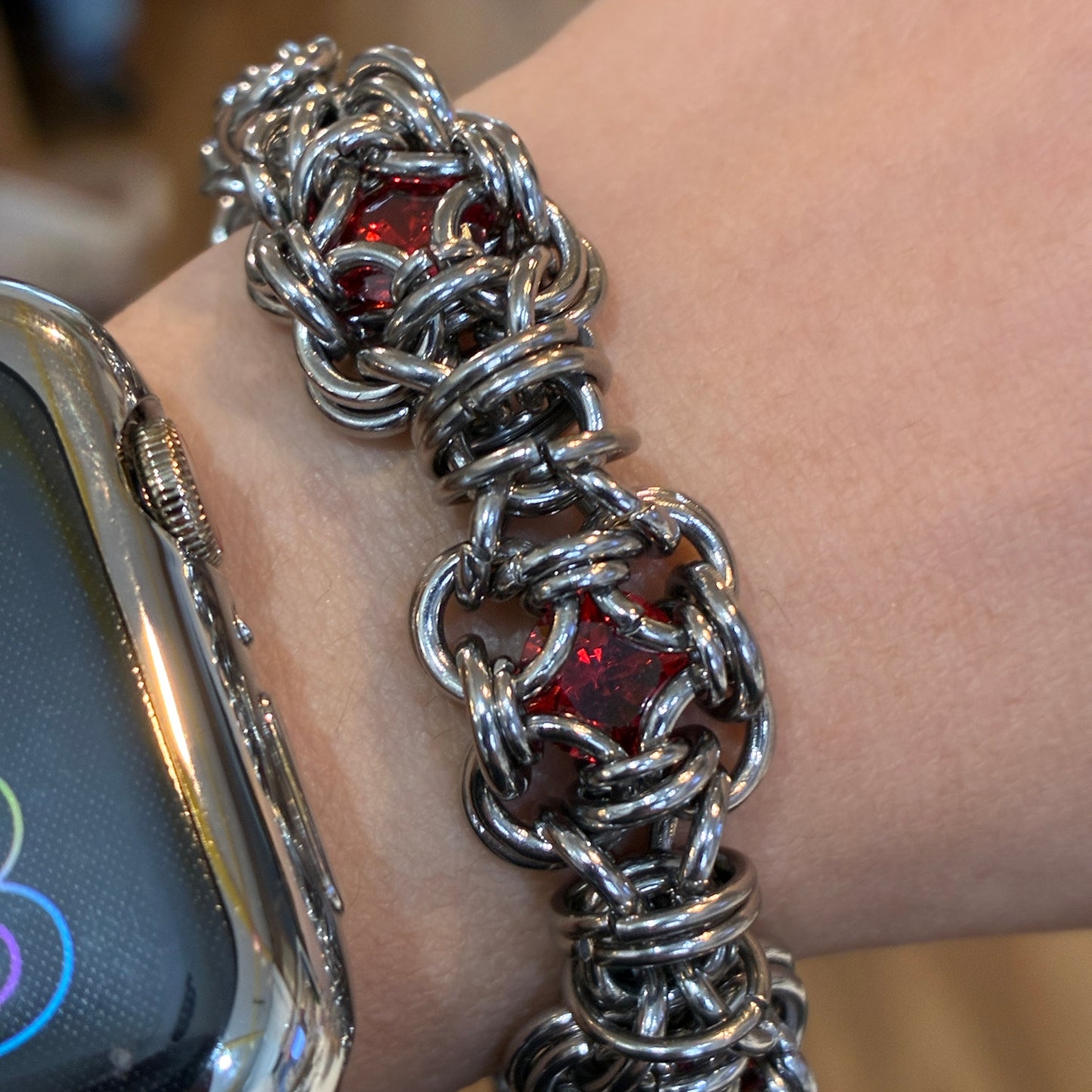 Stainless Steel Chainmail Bracelet (Red CZ)