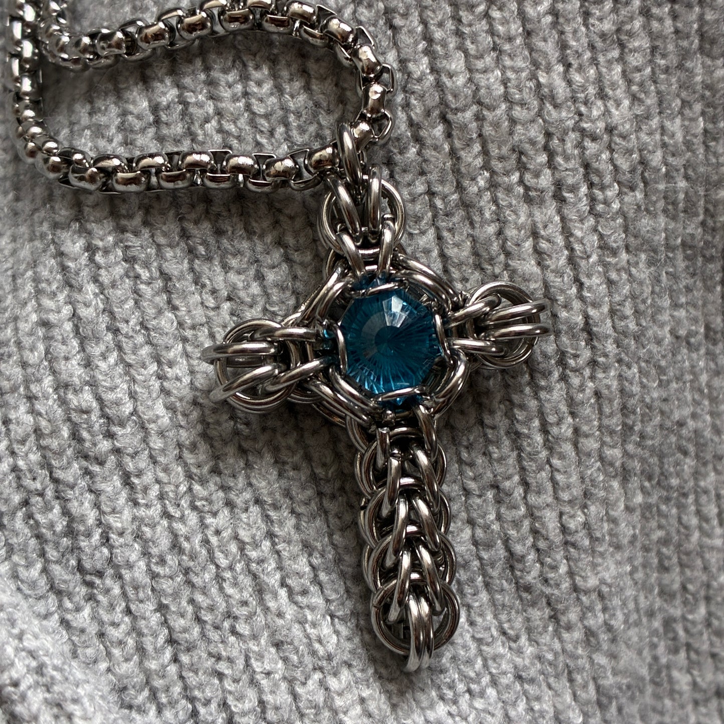 Stainless Steel Chainmail Cross with 4.5ct Swiss Blue Topaz