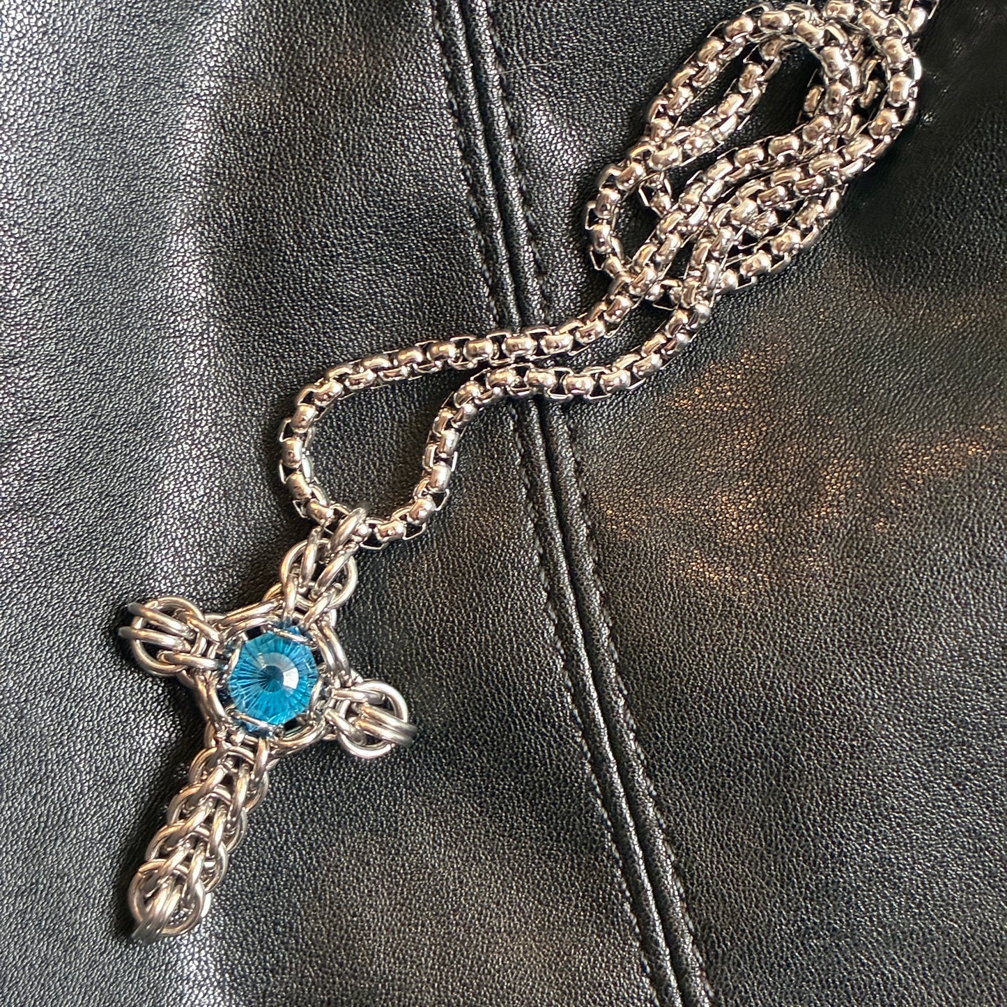Stainless Steel Chainmail Cross with 4.5ct Swiss Blue Topaz