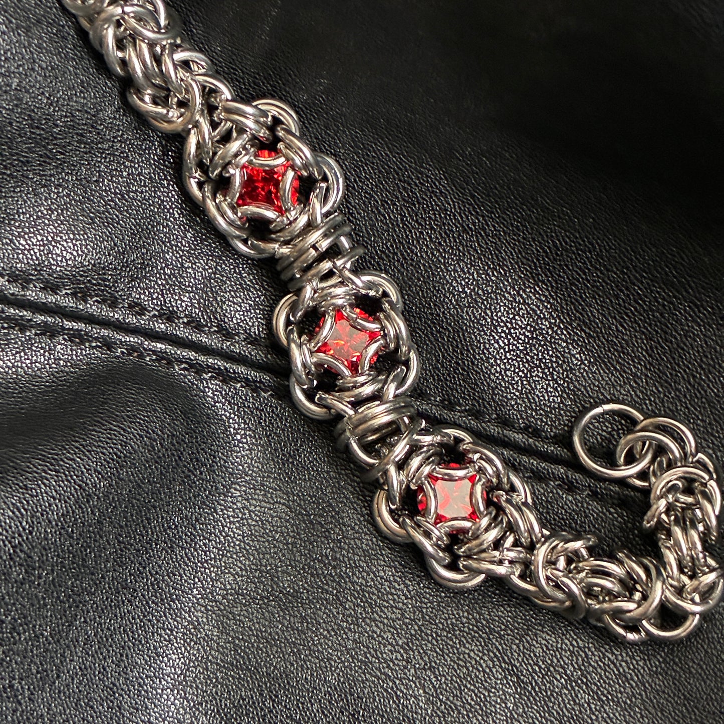 Stainless Steel Chainmail Bracelet (Red CZ)