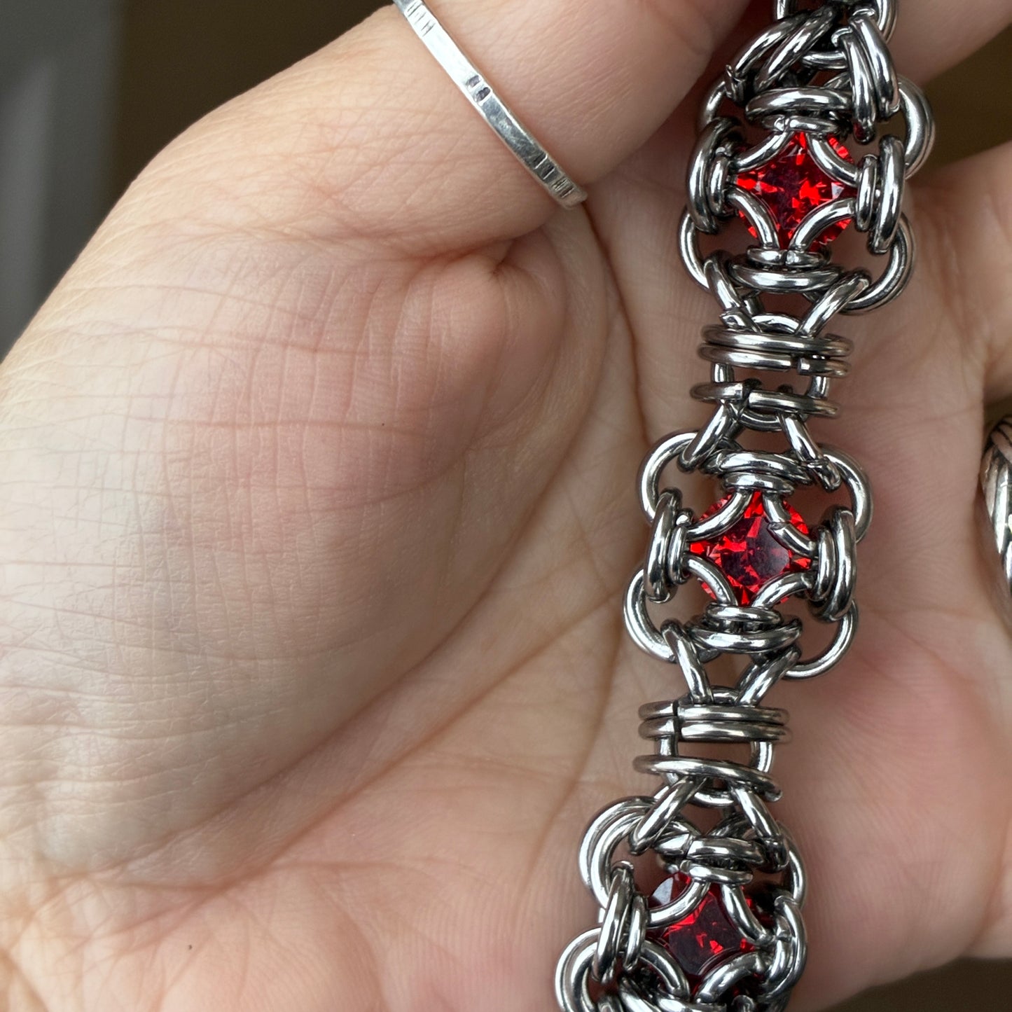 Stainless Steel Chainmail Bracelet (Red CZ)