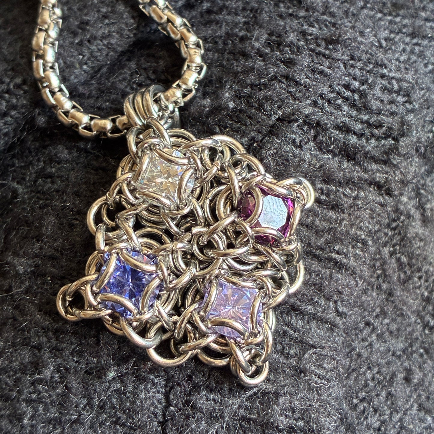 Stainless Steel Chainmail Pendant - 4 CZ Stone