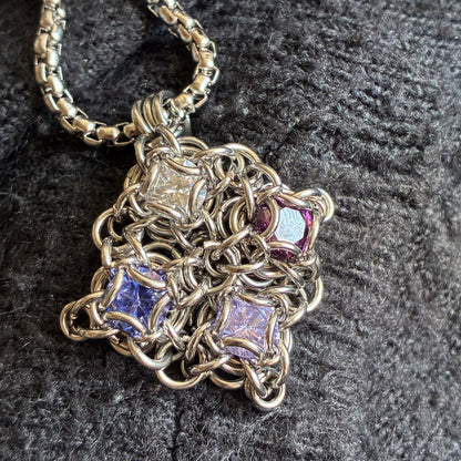 Stainless Steel Chainmail Pendant - 4 CZ Stone