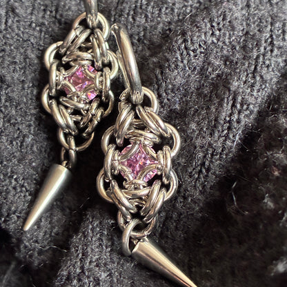 Pink Moissanite Stainless Steel Chainmail Earrings