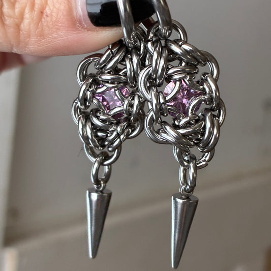 Pink Moissanite Stainless Steel Chainmail Earrings