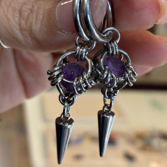 Amethyst Stainless Steel Chainmail Earrings