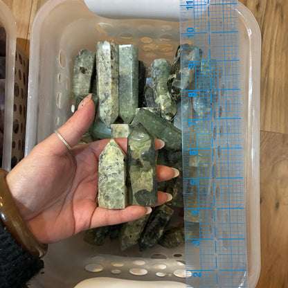 Crystal Towers - Purple Rose Quartz , Blue Aventurine , Amethyst , Gold Sandstone , Blue Chalcedony , Prehnite , Tourmaline Moonstone , Green Moonstone