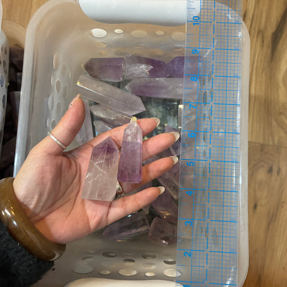 Crystal Towers - Purple Rose Quartz , Blue Aventurine , Amethyst , Gold Sandstone , Blue Chalcedony , Prehnite , Tourmaline Moonstone , Green Moonstone
