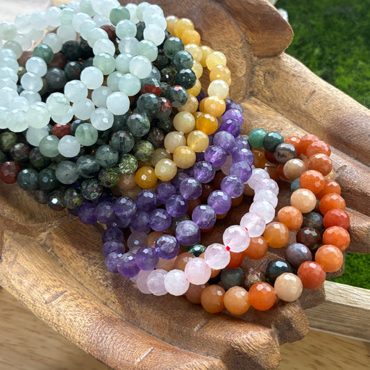 Natural Crystal Faceted Bracelet - Amethyst - African Bloodstone - Dragonblood - Rose Quartz - White Jade - Yellow Jade - Black Tourmaline - Carnelian  - 7mm - 8mm
