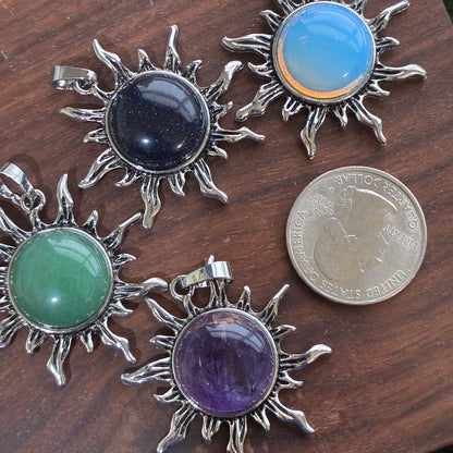 Copper Pendant - Sun - Opalite - Blue Sandstone - Amethyst - Green Aventurine