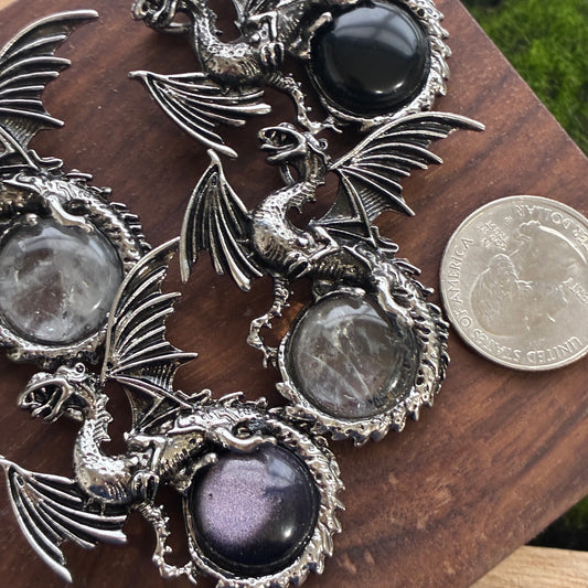 Copper Pendant - Flying Dragon - Obsidian - Clear Quartz - Blue Sandstone