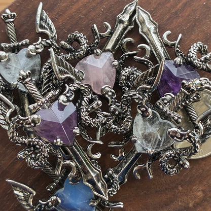 Copper Pendant - Sword of Heart - Clear Quartz - Rose Quartz - Amethyst - Opalite