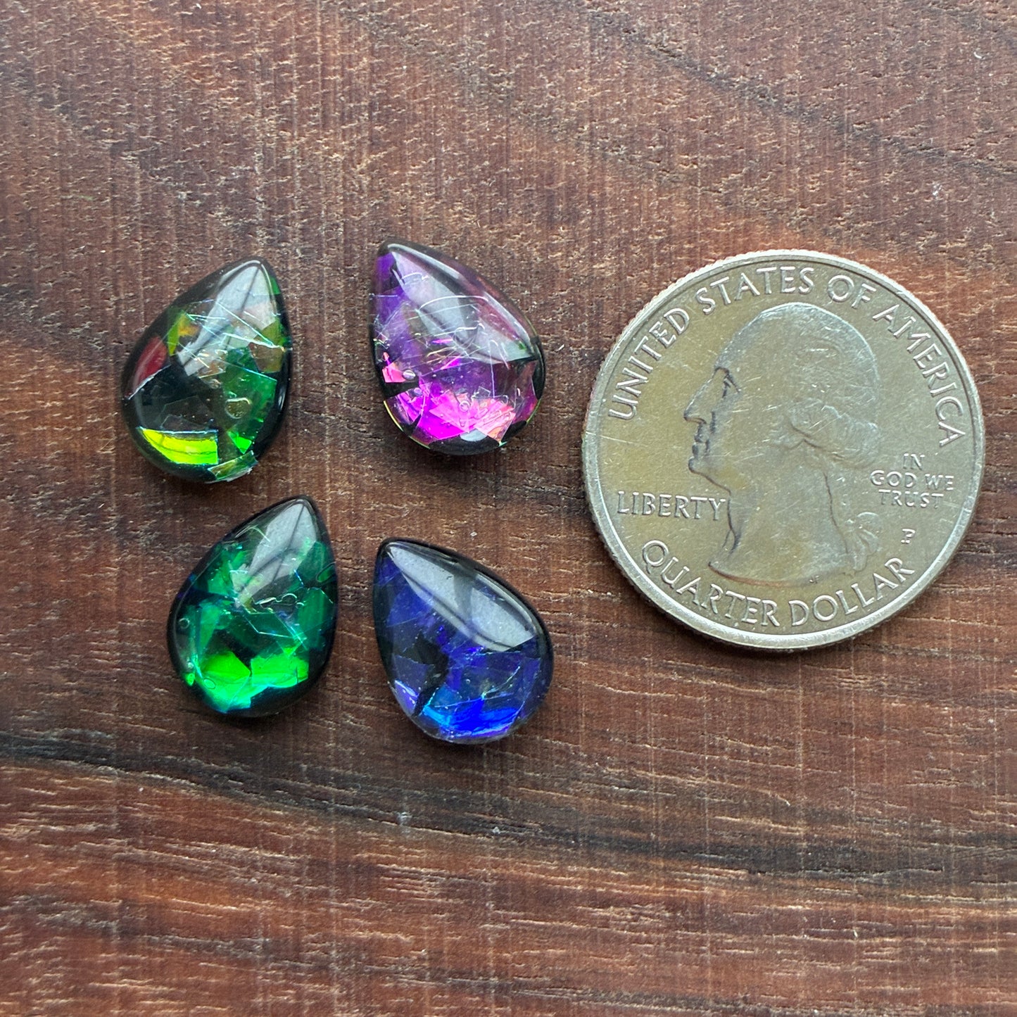 Glass Cabochon - Teardrop - 10 x 14mm - Fireworks - Pink - Green Blue - Blue