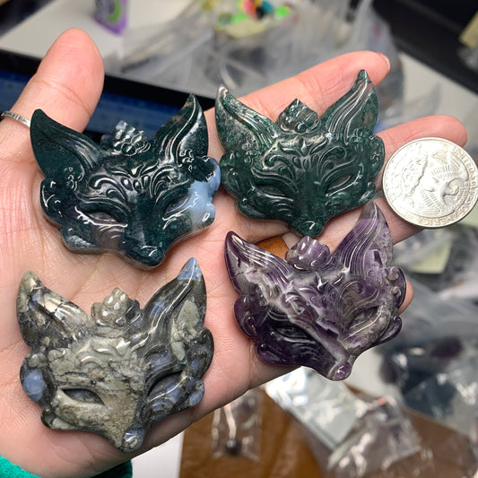 Fox Mask Carving - Moss Agate - Que Sera - Chevron Amethyst