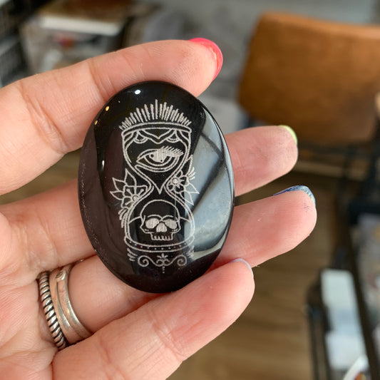 Engraved Glass Cab - Made to order - Hour Glass Skull