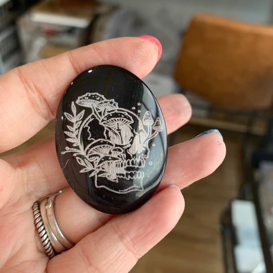 Engraved Glass Cab - Made to order - Mushroom Skull