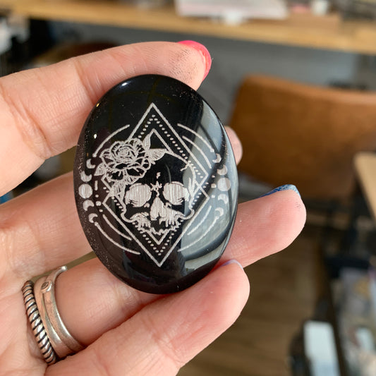 Engraved Glass Cab - Made to order - Floral Skull