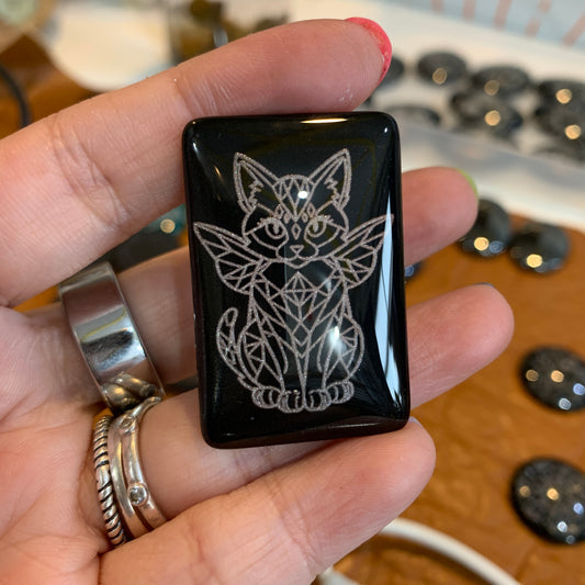 Engraved Glass Cab - Made to order - Diamond Cat