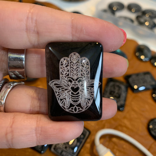 Engraved Glass Cab - Made to order - Hamsa Bee Hand