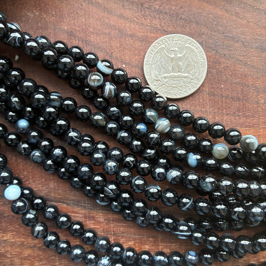 6mm Banded Black Agate Round Bead Strand