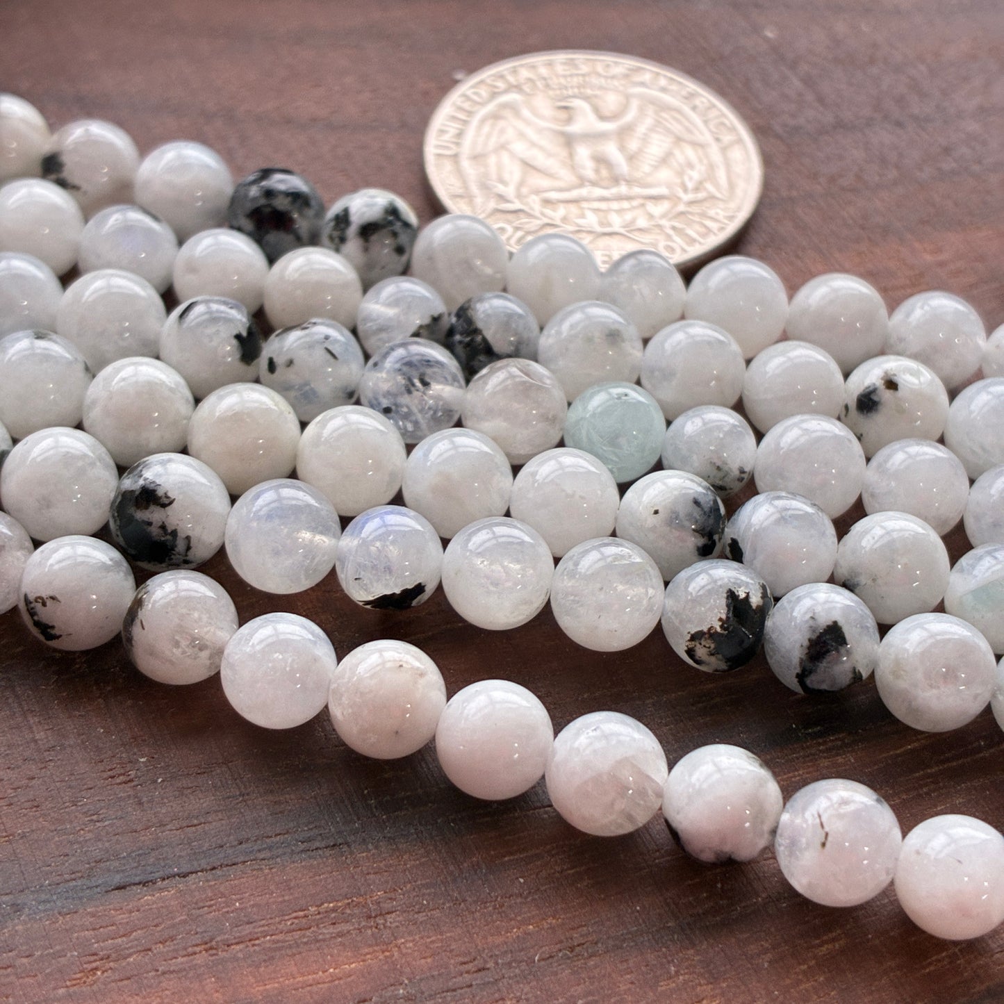 6mm Moonstone with Tourmaline Round Bead Strand