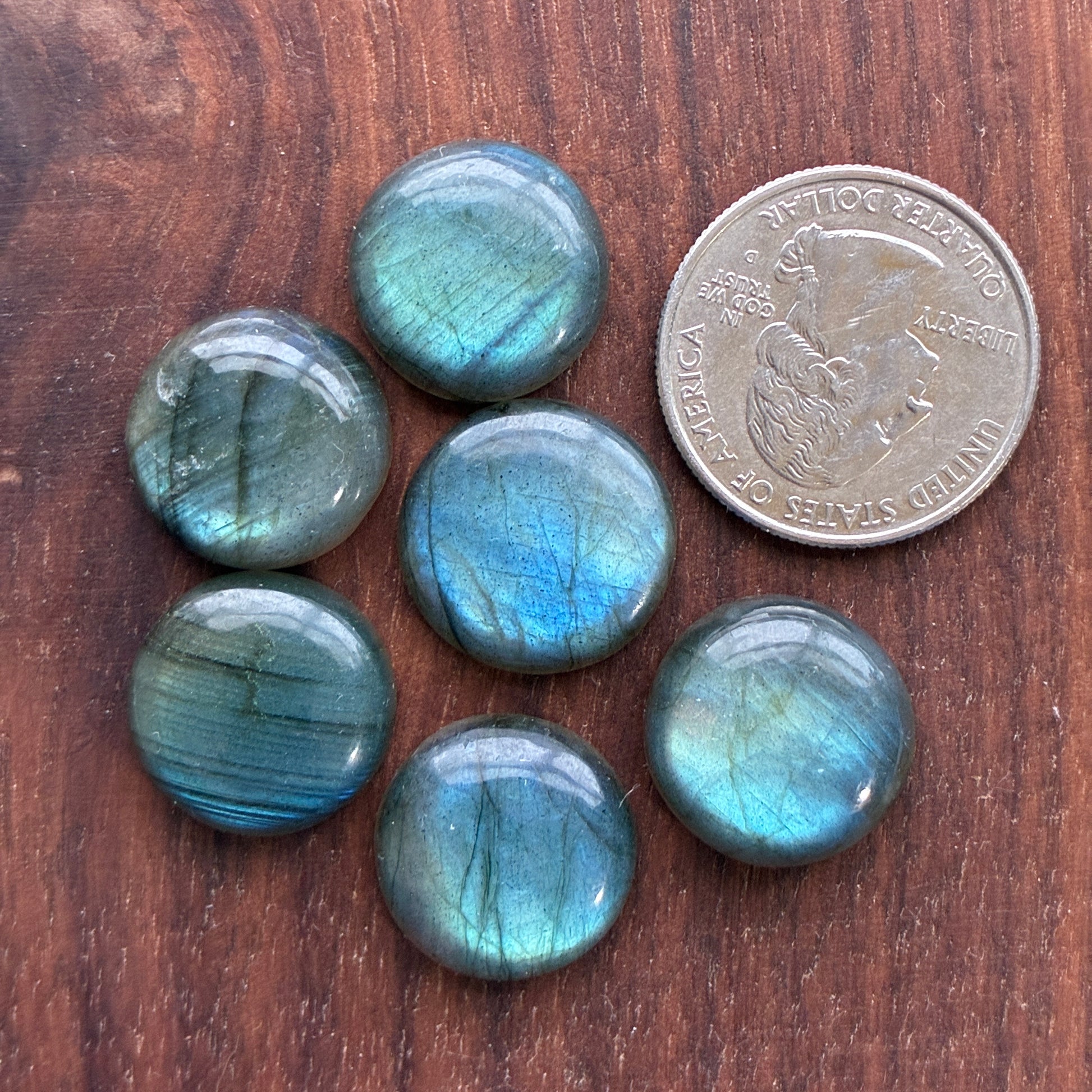 Six 16-17mm blue-green Labradorite  round cabochon on a wooden surface with a coin for scale.