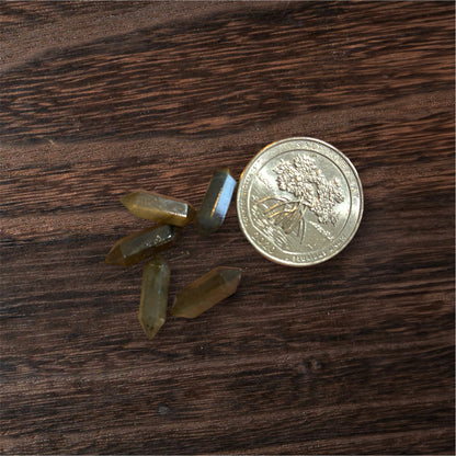 Small crystal points next to a coin on a wooden surface