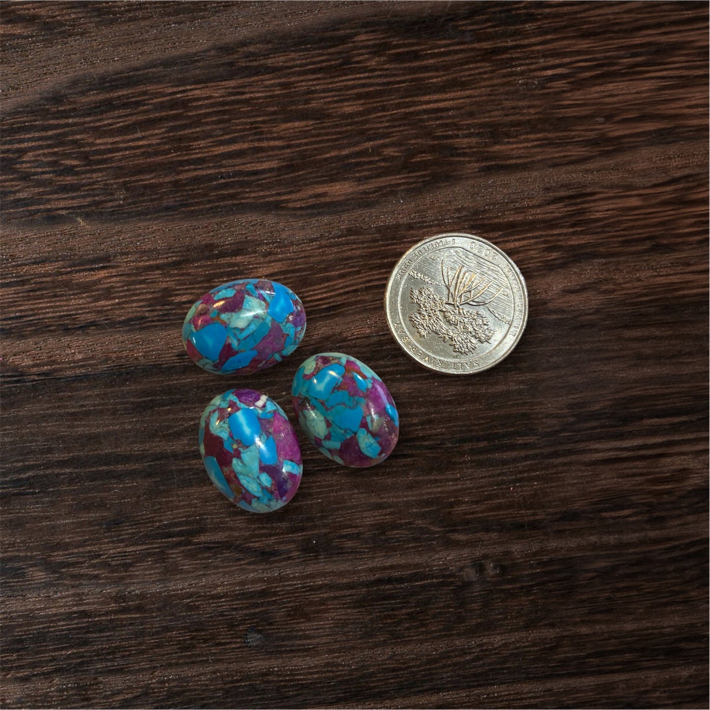 Three multicolored oval beads next to a silver coin on a wooden surface