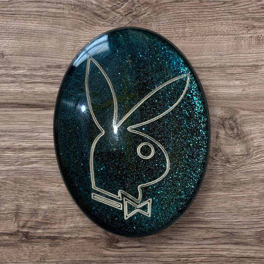 Engraved Glass Cab - Made to order - Bunny boy - Blue Sparkle