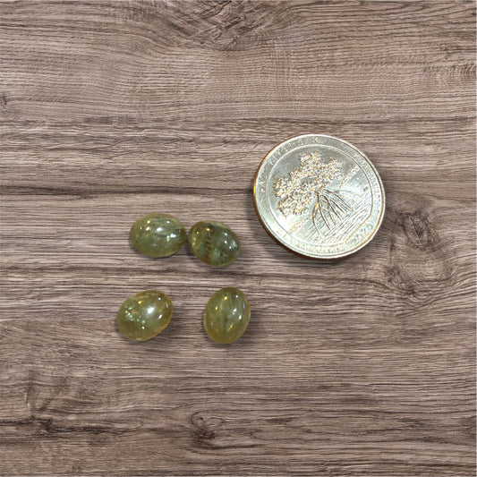 Four green Kyanite stones on a wooden surface with a coin for scale.