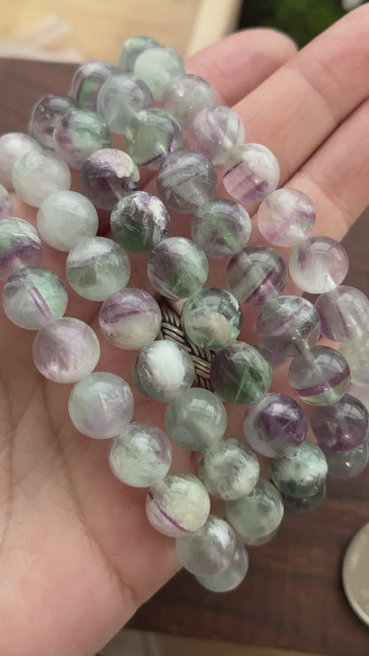 Snowflake Feather Fluorite 9mm Bead Bracelet