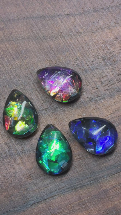 Glass Cabochon - Teardrop - 10 x 14mm - Fireworks - Pink - Green Blue - Blue