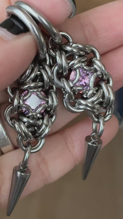Pink Moissanite Stainless Steel Chainmail Earrings