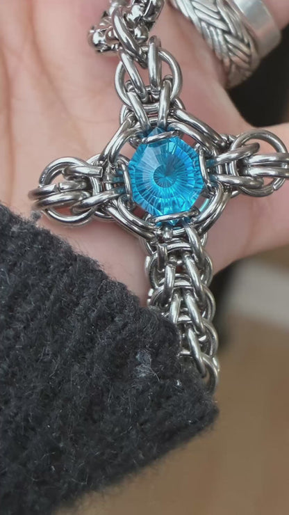 Stainless Steel Chainmail Cross with 4.5ct Swiss Blue Topaz